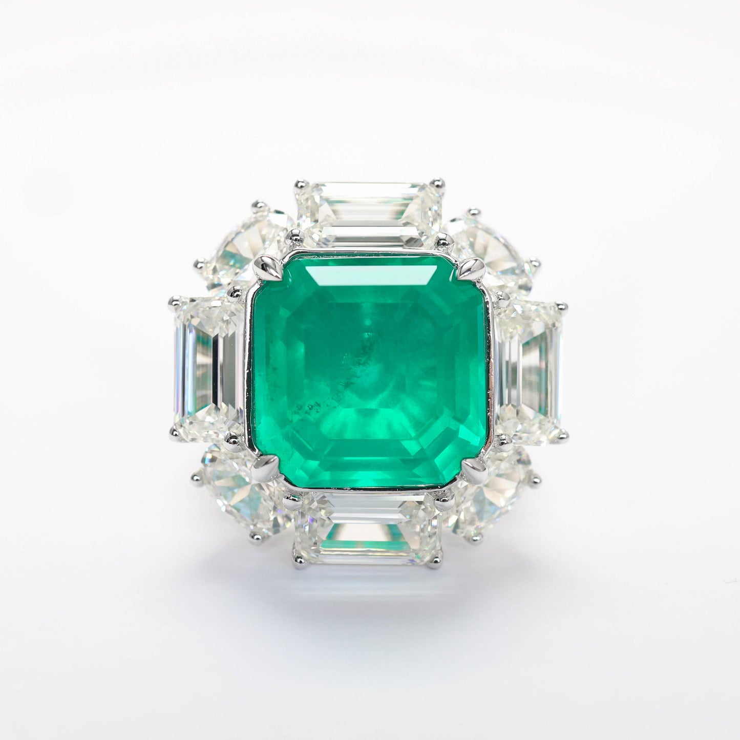 Micro-setting Emerald color Lab created stones big Square retro ring, sterling silver