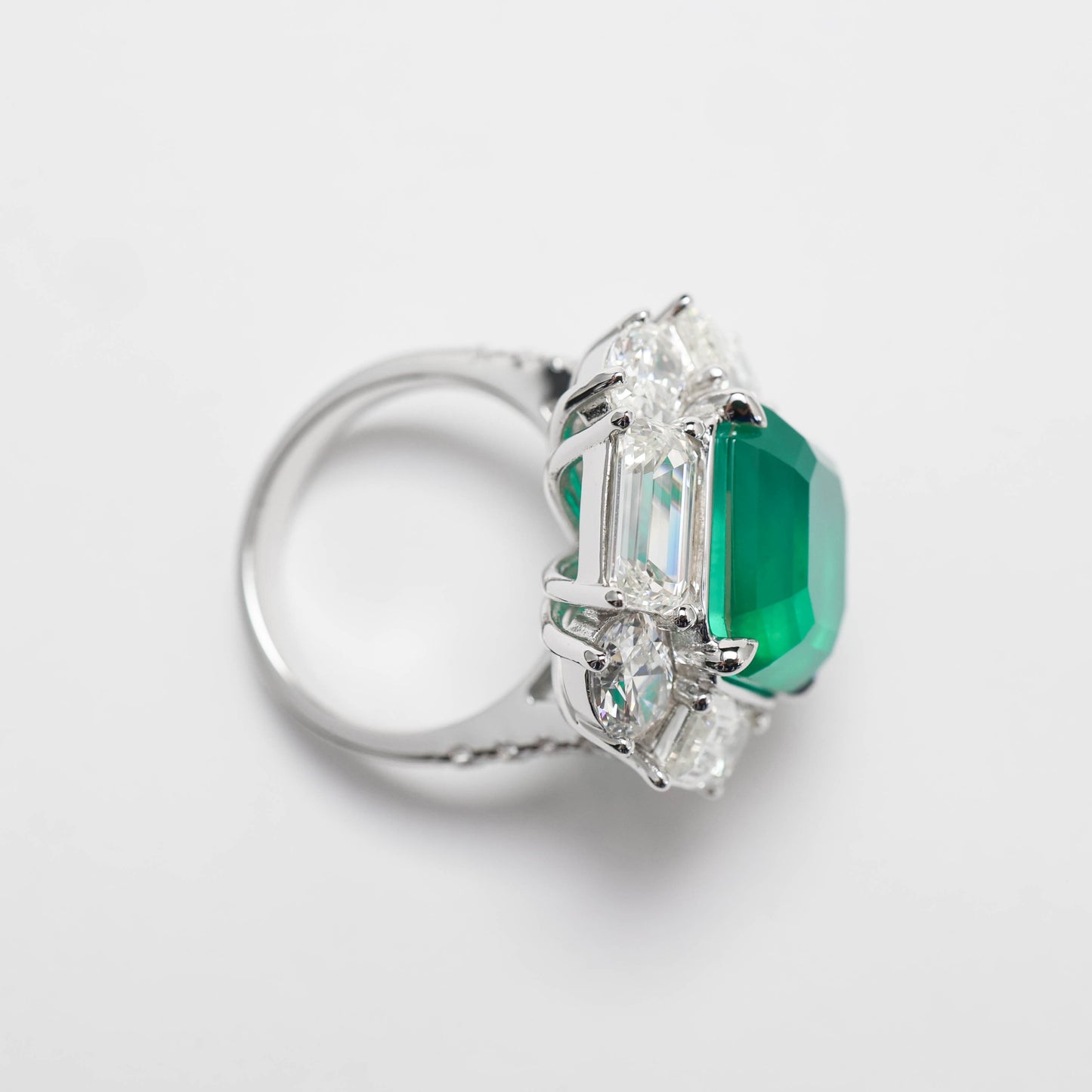 Micro-setting Emerald color Lab created stones big Square retro ring, sterling silver