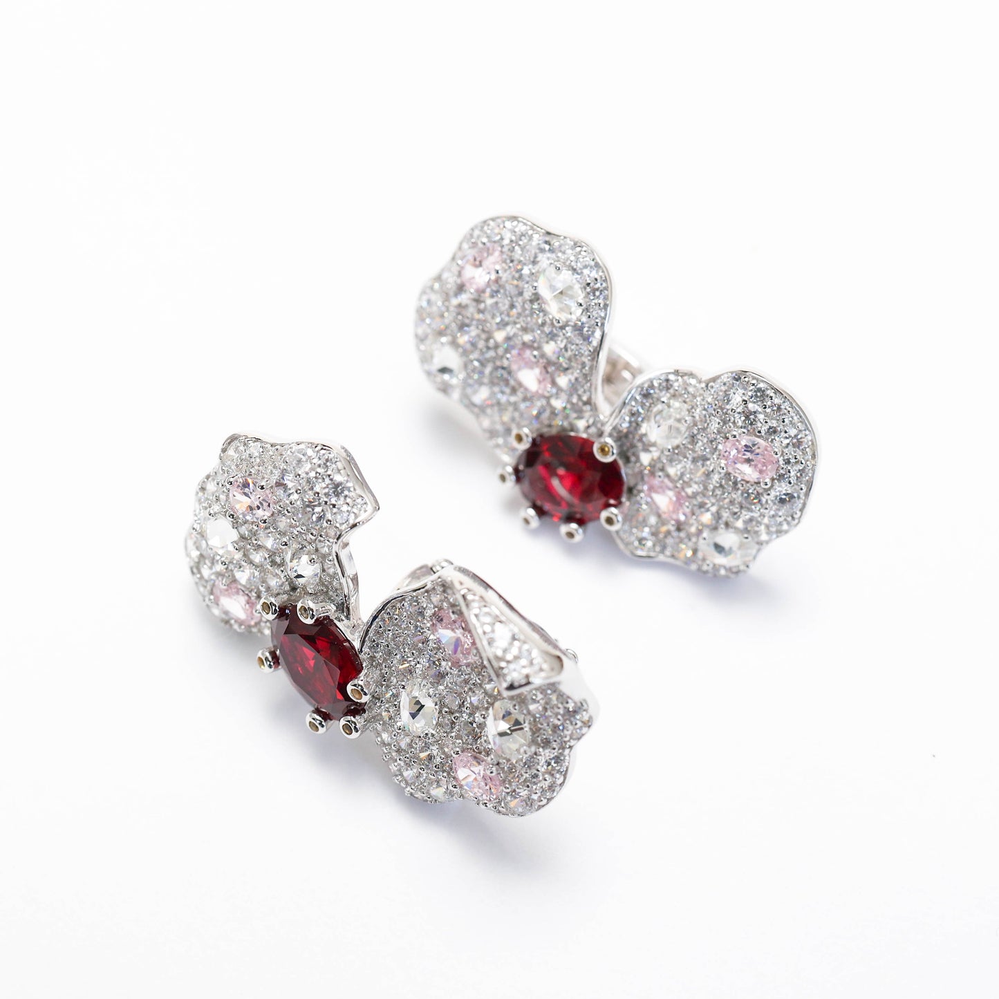 Special Offer Micro-setting ruby-pink-white color Lab created stones artistic butterflies' earrings, sterling silver.