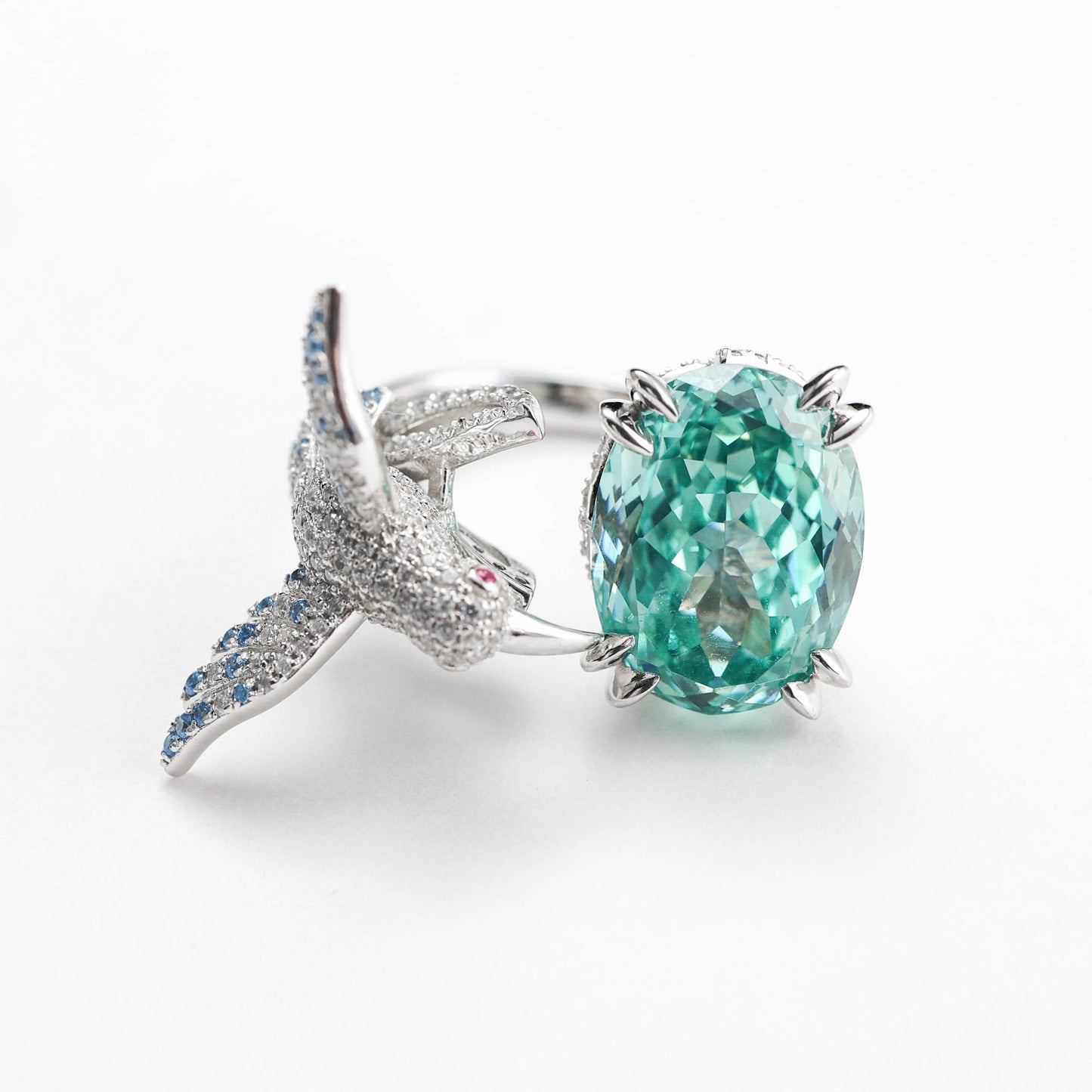 Micro-setting Paraiba color Lab created stones detailed hummingbird ring, sterling silver