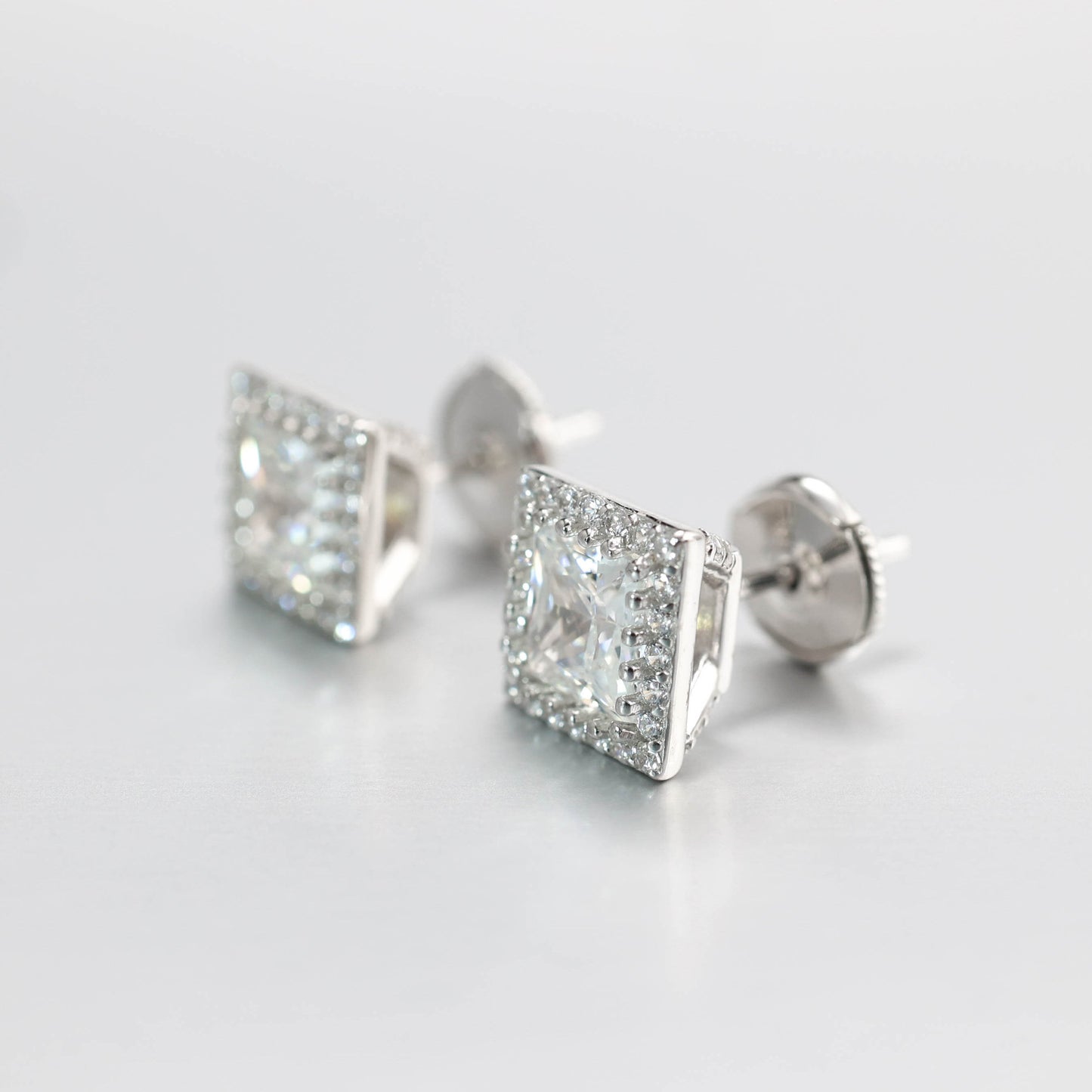 Micro-setting F color princess cut Lab created stones Square shape detailed ear studs, sterling silver.