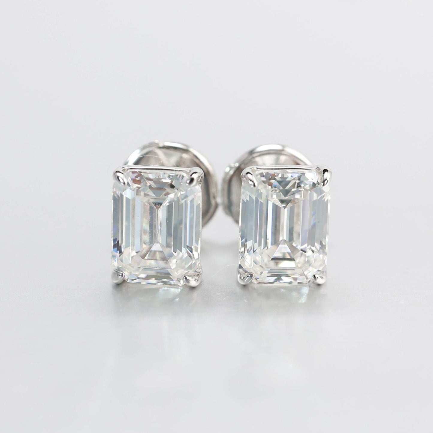 Micro-setting Rectangular emerald-cut Lab created stones ear studs, sterling silver