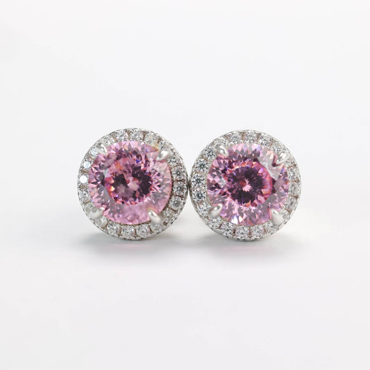 Micro-setting Pink color firework cut round shapeear studs, sterling silver. (2 carat)