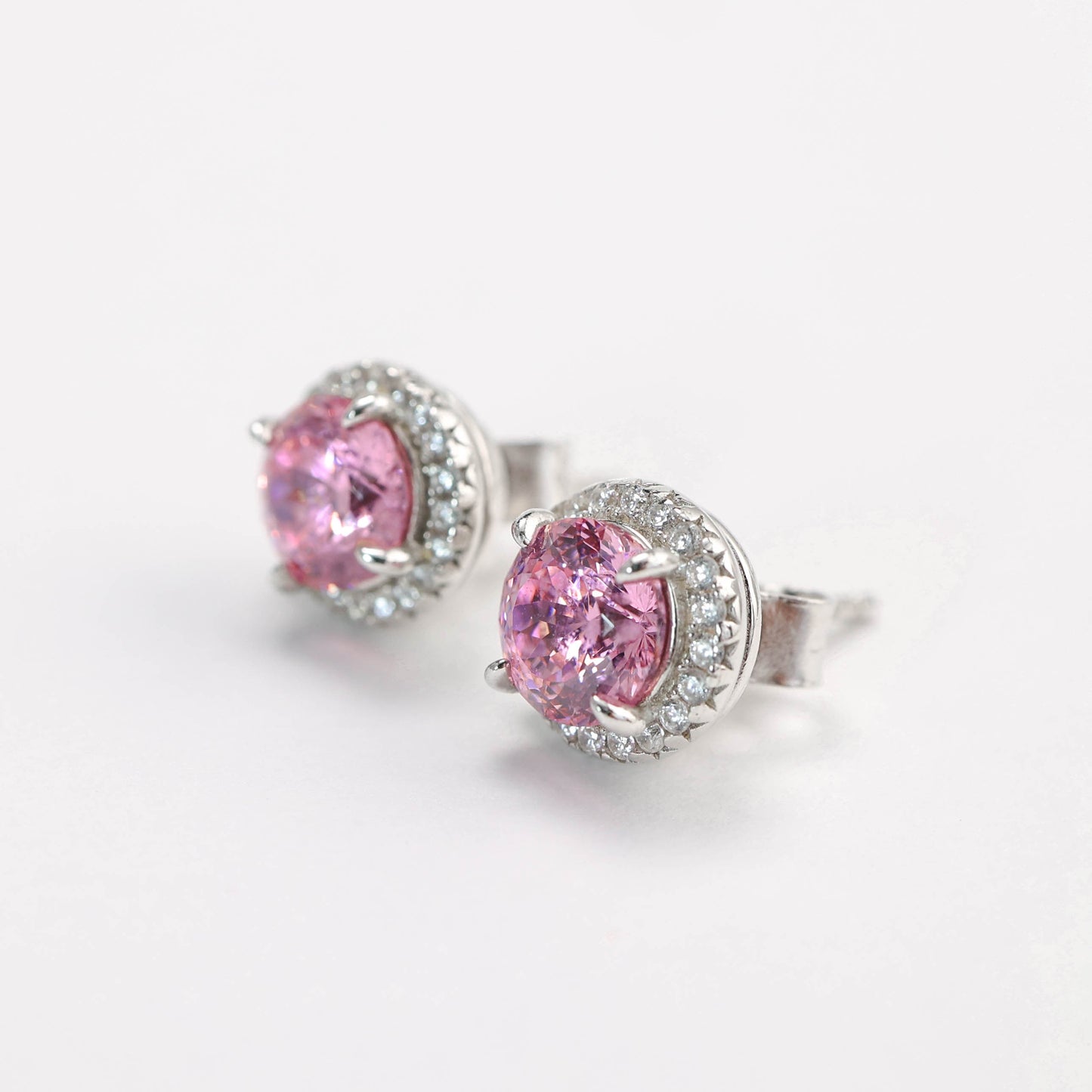 Micro-setting Pink color firework cut round shapeear studs, sterling silver. (2 carat)