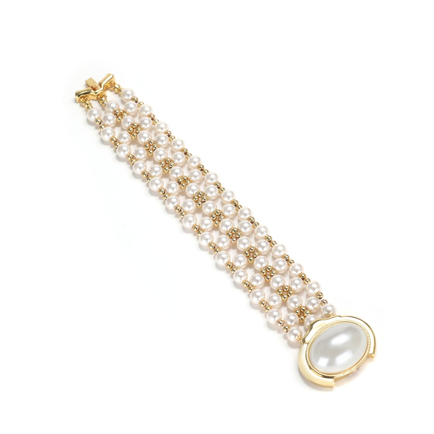 Reservation design Retro style Fashion bracelet, brass with white ABS pearls and 18K yellow gold platting