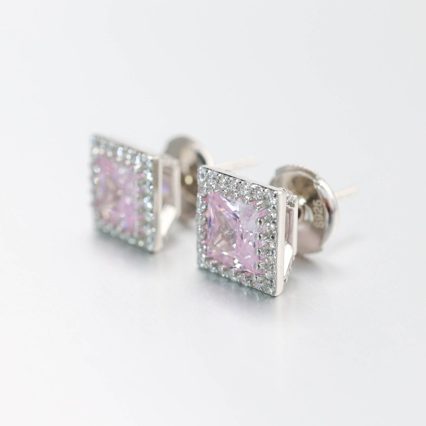 Micro-setting Pink diamond color princess cut Lab created stones Square shape detailed ear studs, sterling silver