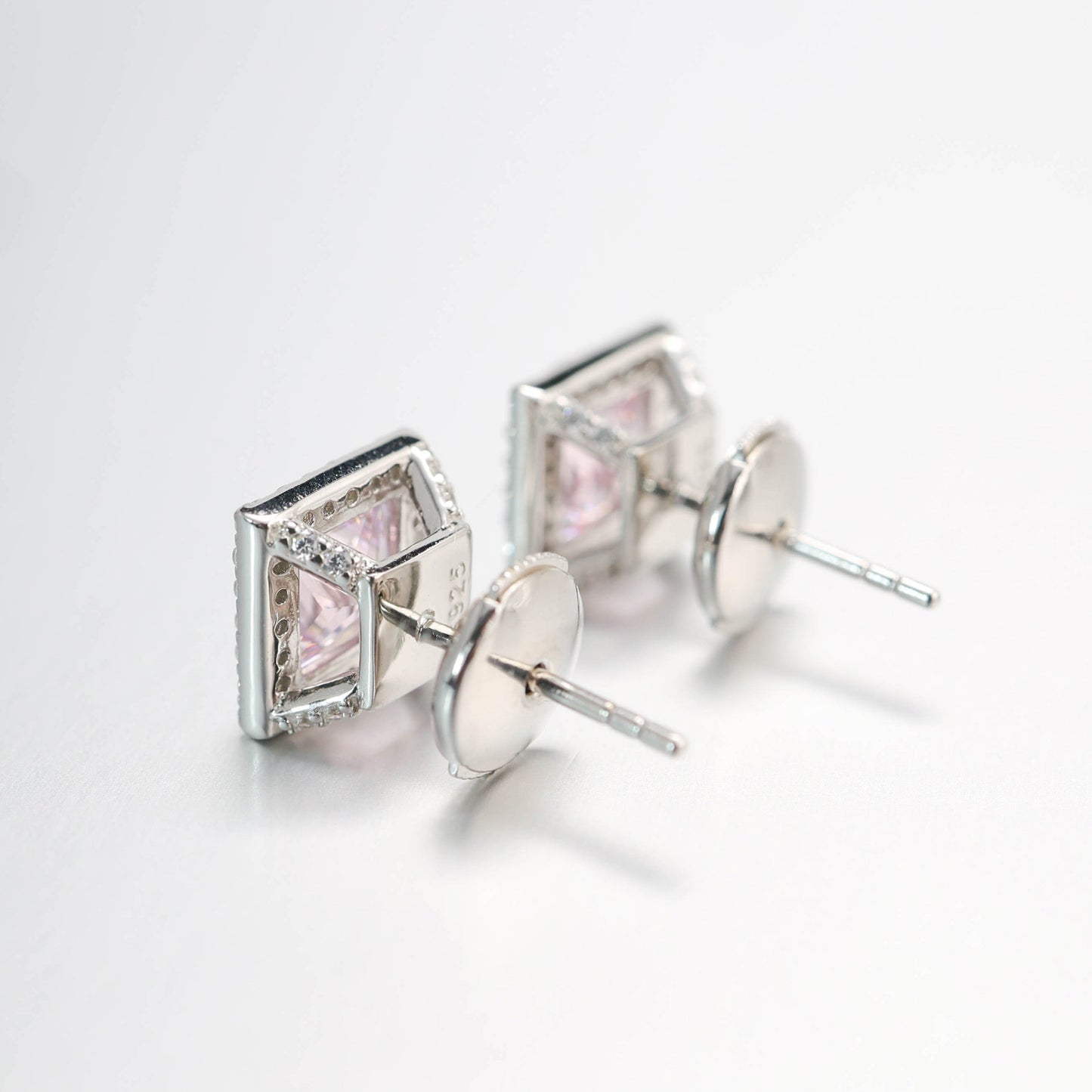 Micro-setting Pink diamond color princess cut Lab created stones Square shape detailed ear studs, sterling silver