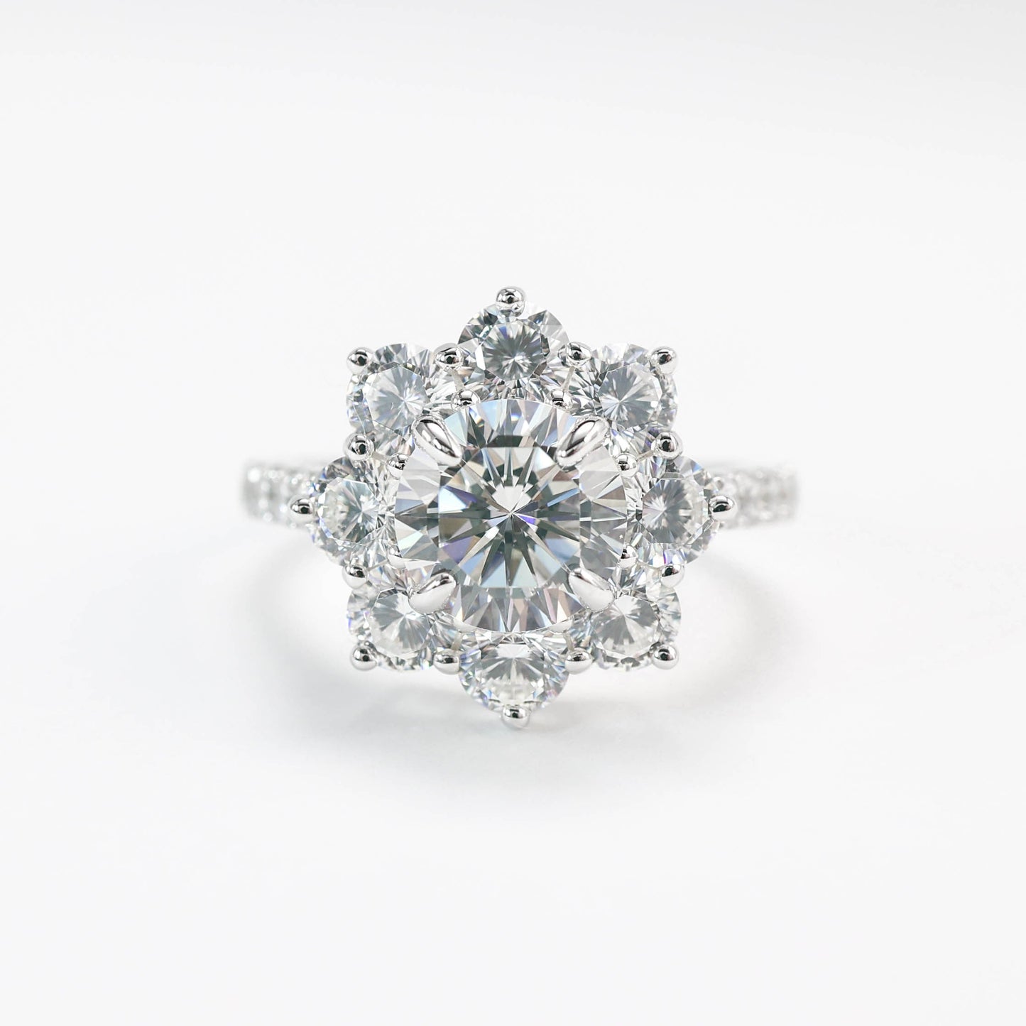 Micro-setting round brilliant cut lab created stones Sunflower ring, sterling silver