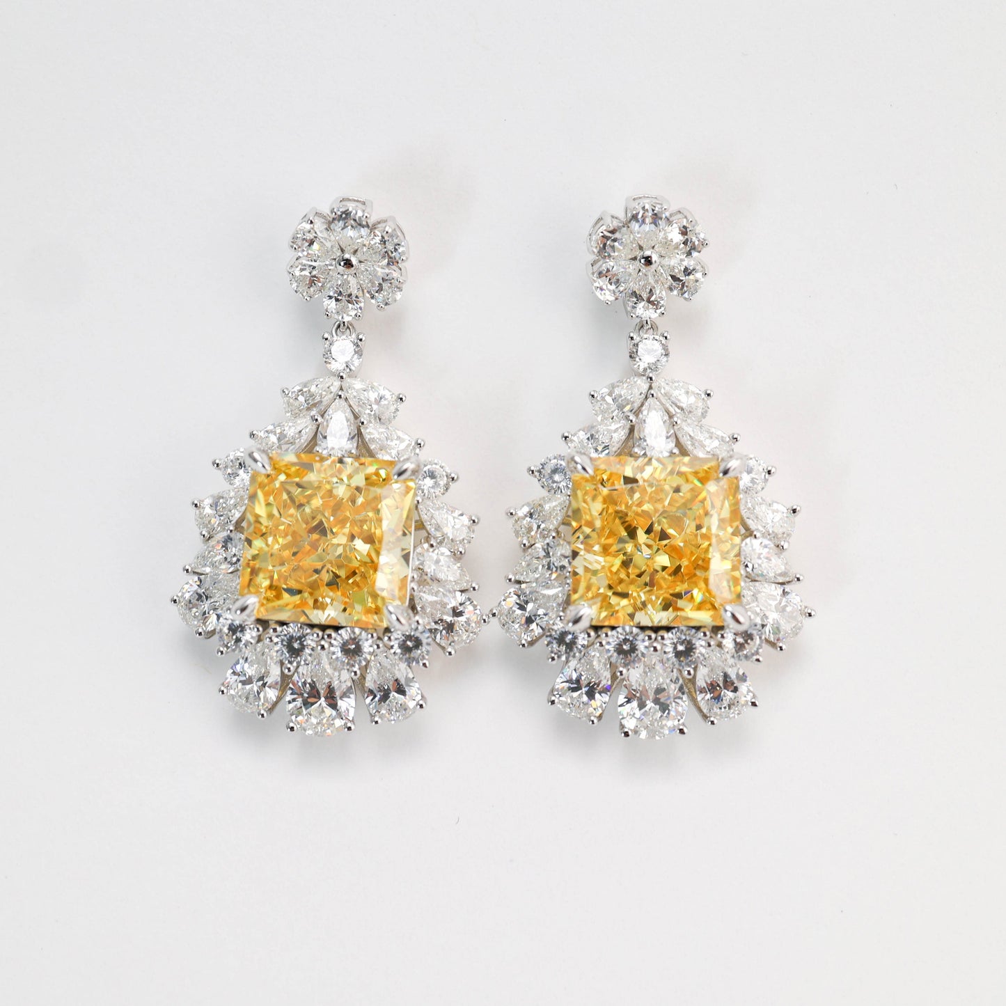 Micro-setting Yellow diamond color Lab created stones fancy square shape fully studded earrings, sterling silver