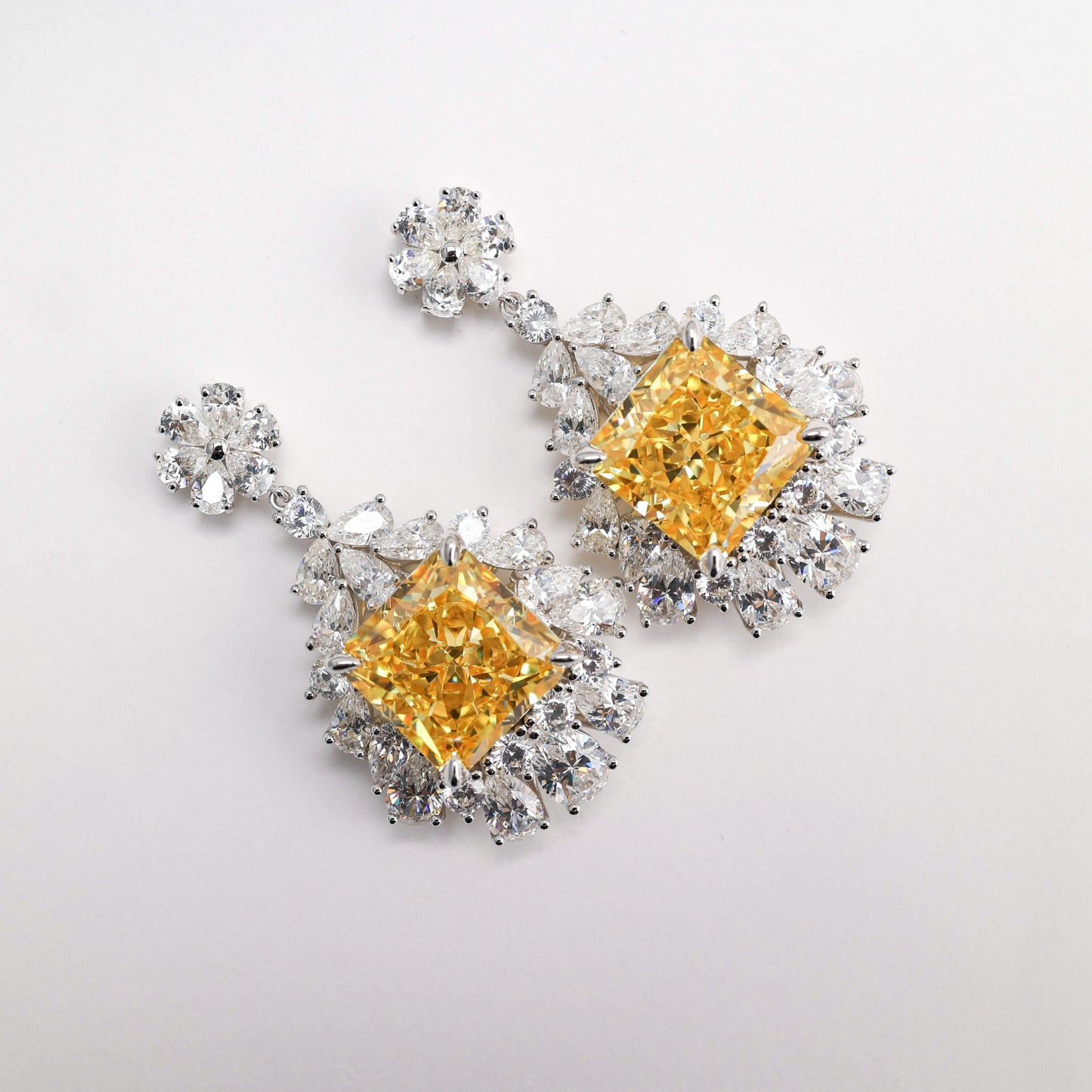 Micro-setting Yellow diamond color Lab created stones fancy square shape fully studded earrings, sterling silver