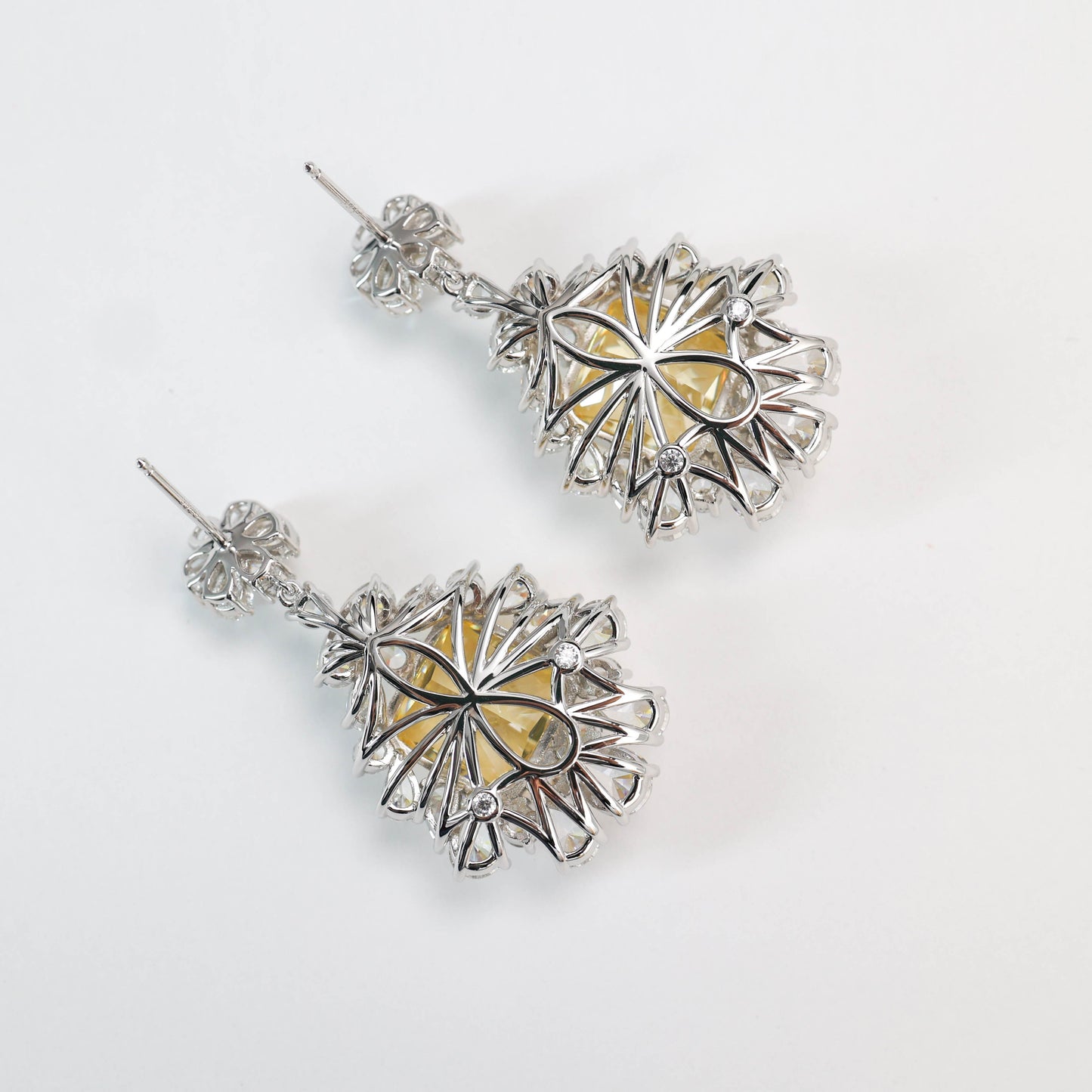 Micro-setting Yellow diamond color Lab created stones fancy square shape fully studded earrings, sterling silver