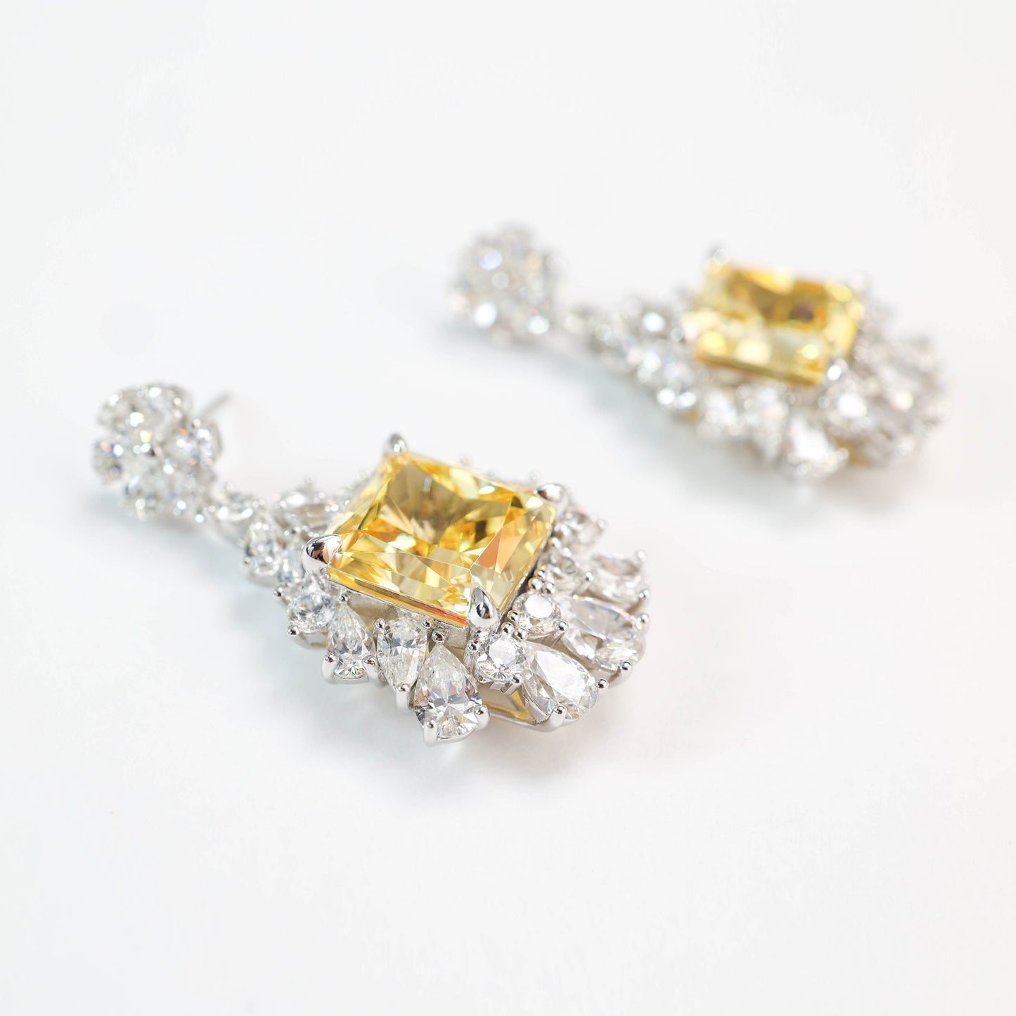 Micro-setting Yellow diamond color Lab created stones fancy square shape fully studded earrings, sterling silver