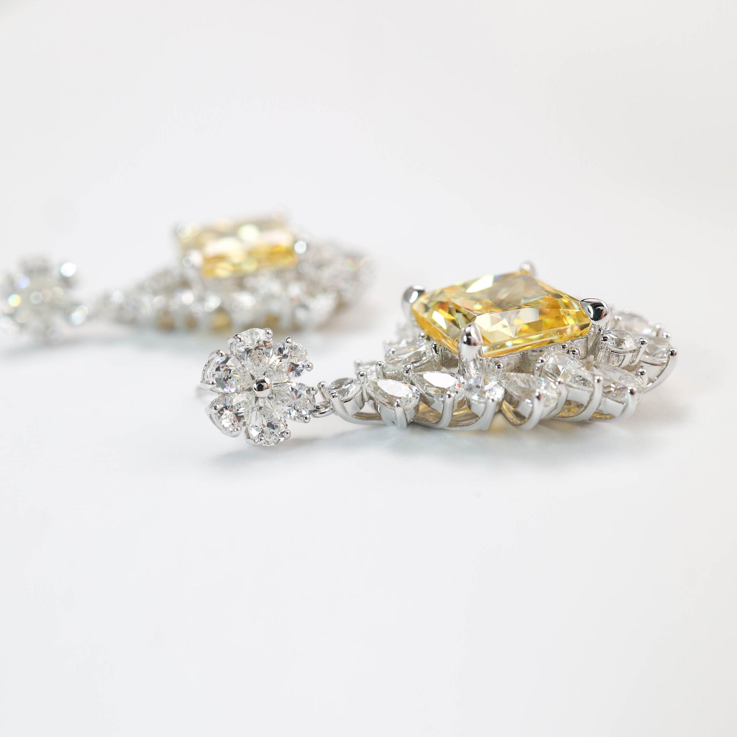 Micro-setting Yellow diamond color Lab created stones fancy square shape fully studded earrings, sterling silver