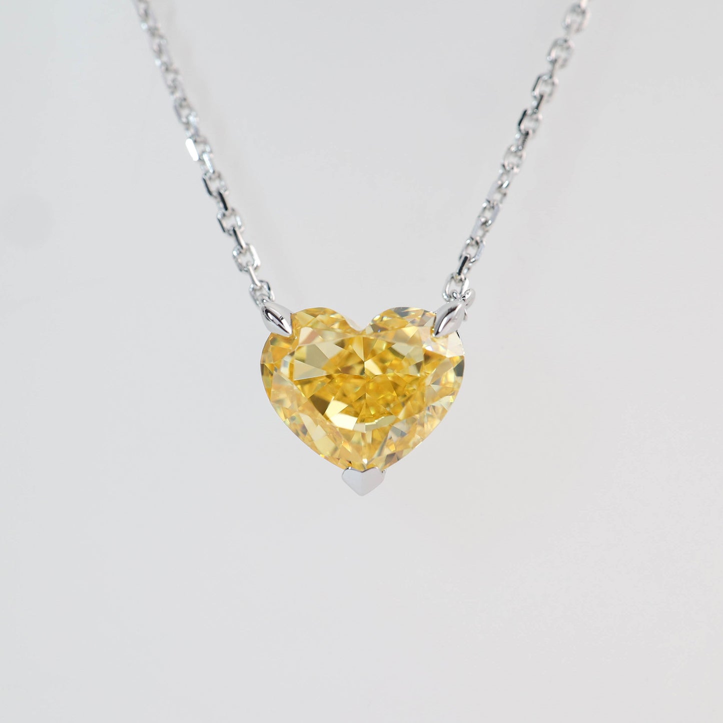 Micro-setting Yellow diamond color Lab created stones heart shape necklace. sterling silver