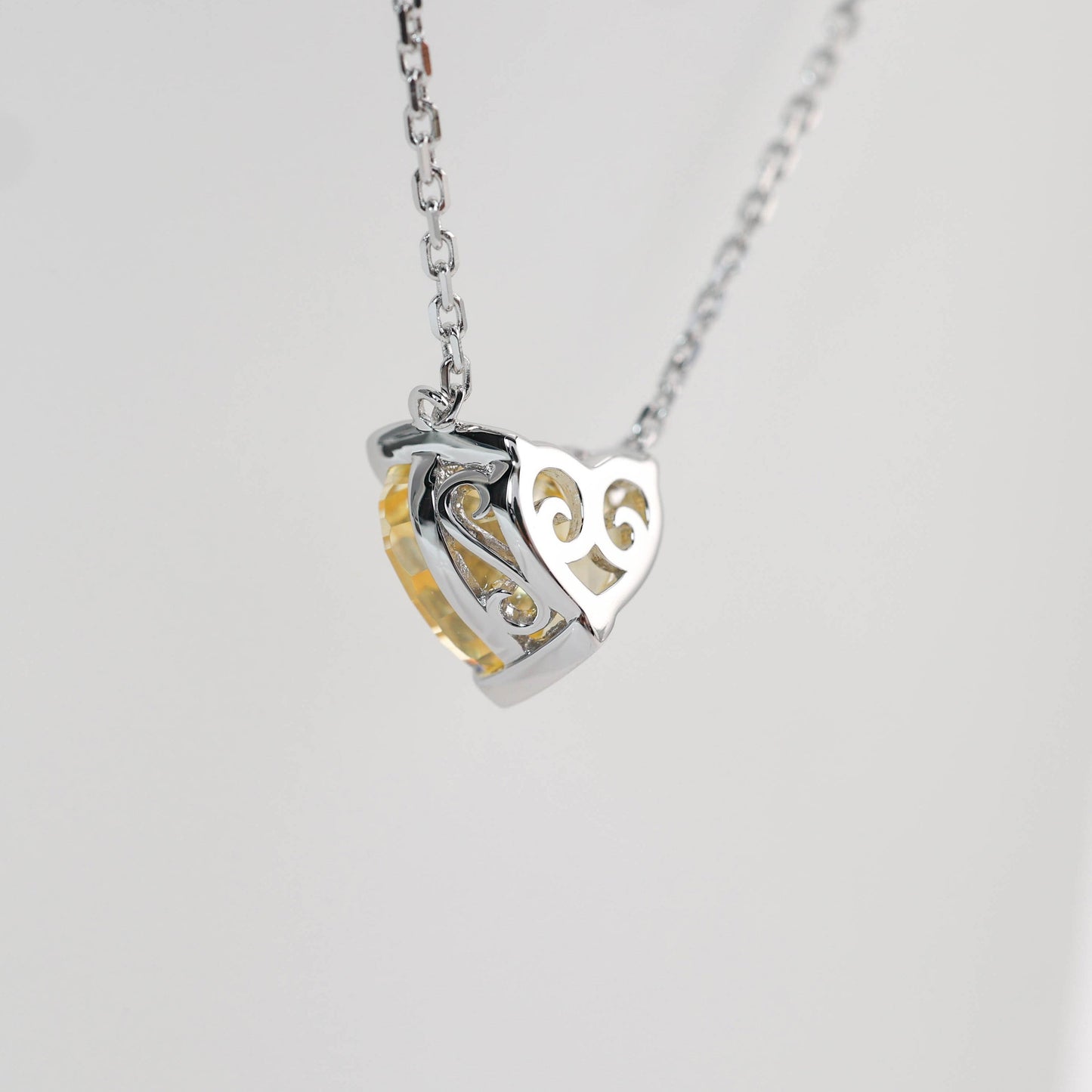 Micro-setting Yellow diamond color Lab created stones heart shape necklace. sterling silver