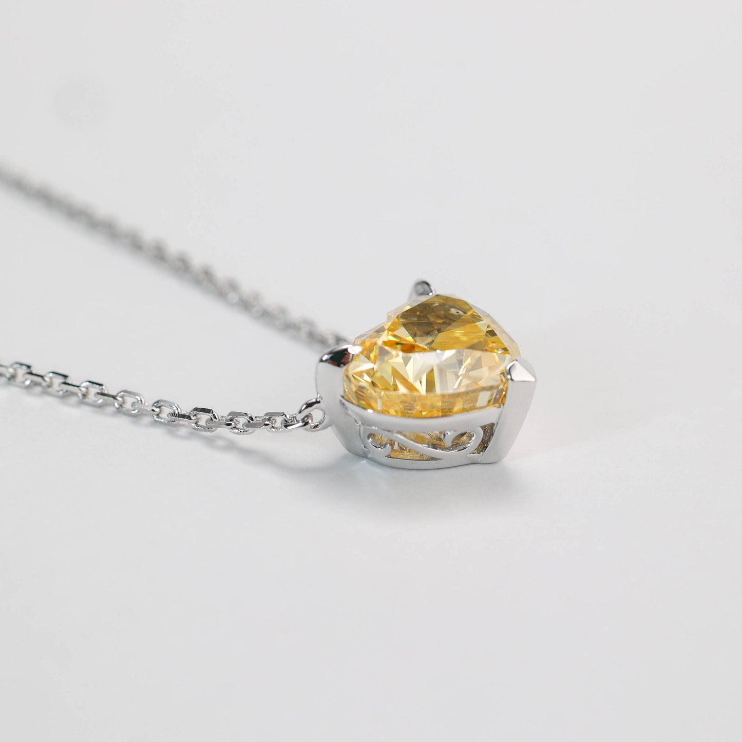 Micro-setting Yellow diamond color Lab created stones heart shape necklace. sterling silver