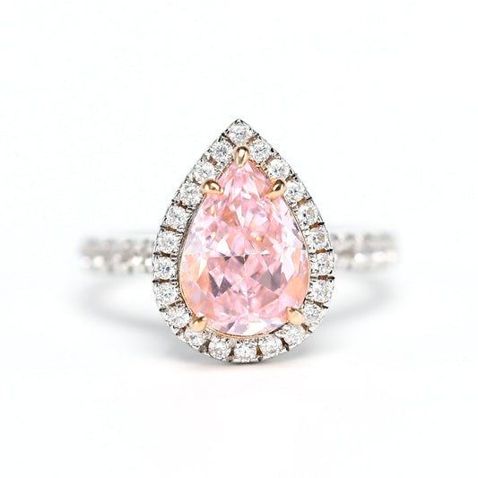 Micro-setting Pink diamond color Lab created stones waterdrop ring, sterling silver