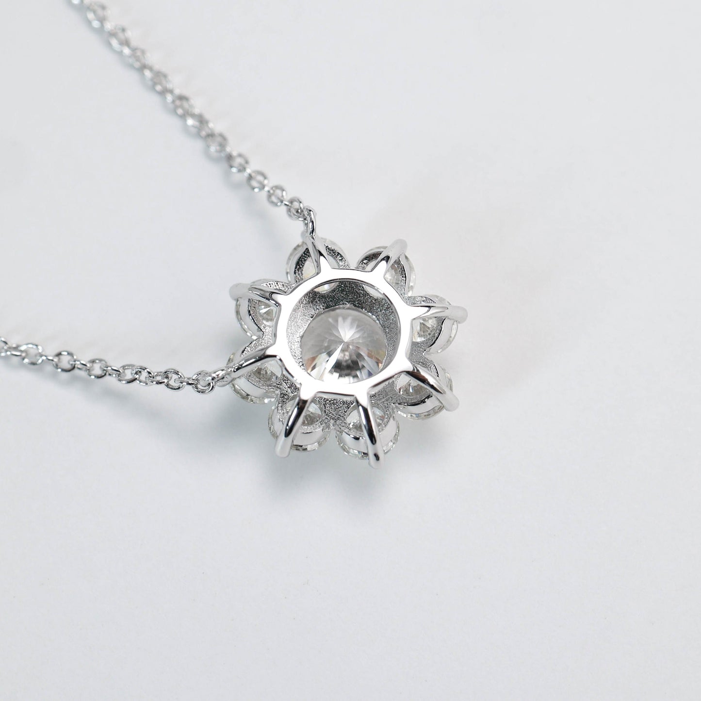 Micro-setting round brilliant cut lab created stones Sunflower necklace, sterling silver.