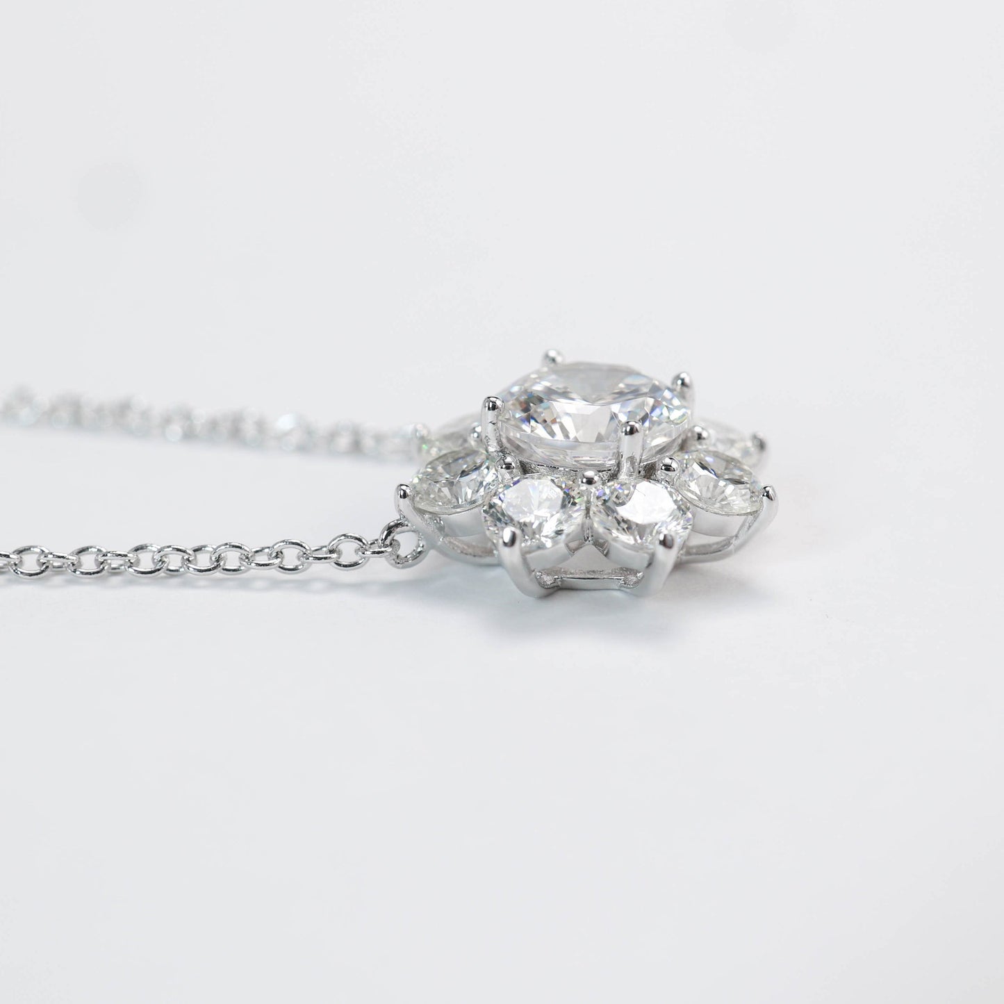 Micro-setting round brilliant cut lab created stones Sunflower necklace, sterling silver.