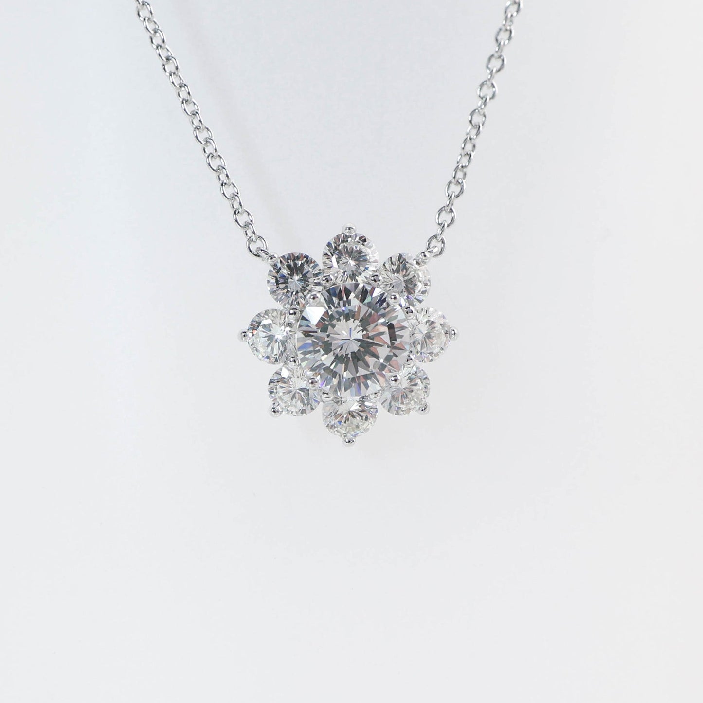 Micro-setting round brilliant cut lab created stones Sunflower necklace, sterling silver.