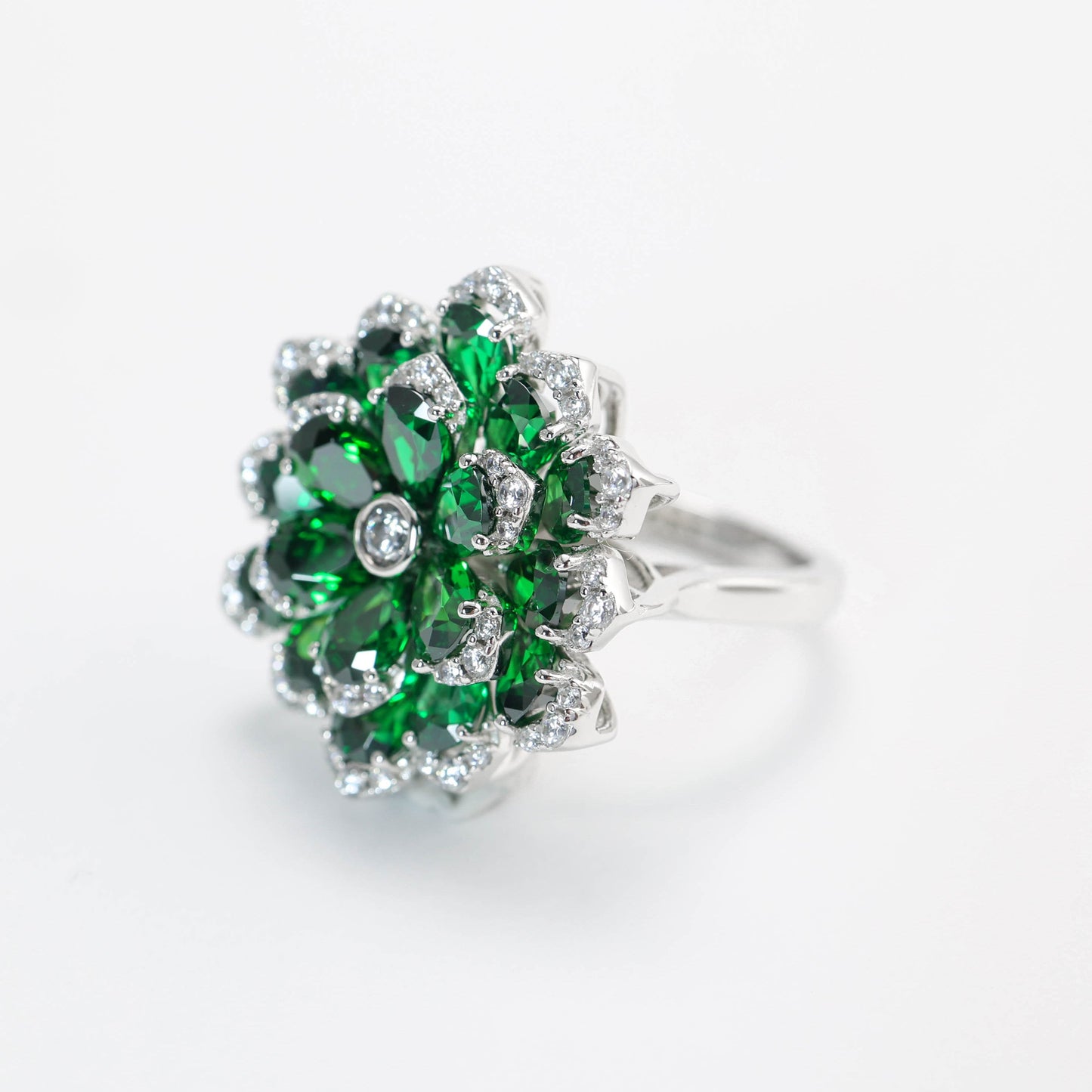 Micro-setting Preserved Flower Tsavorite color Lab created stones ring, sterling silver