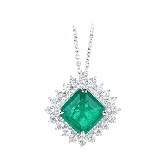 Micro-setting Emerald color Lab created stones The rhombus necklace, sterling silver