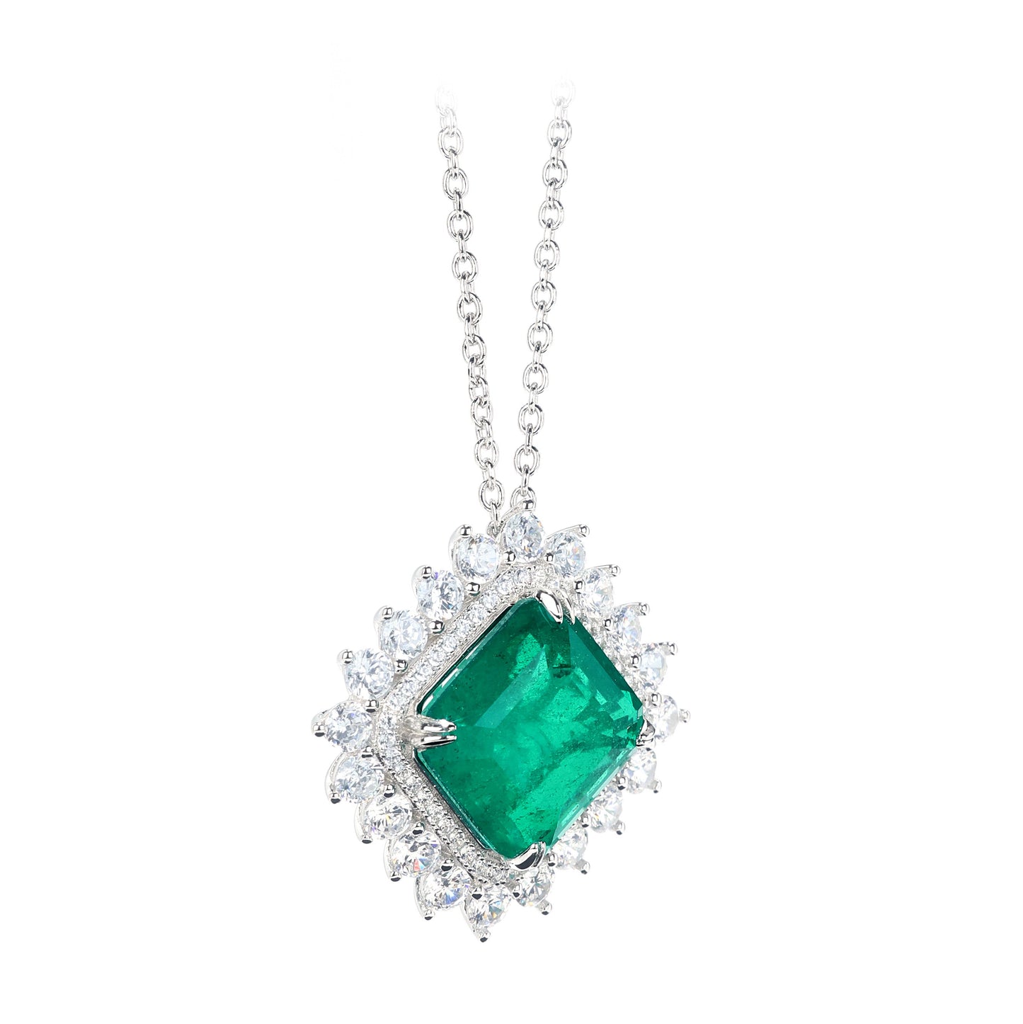 Micro-setting Emerald color Lab created stones The rhombus necklace, sterling silver