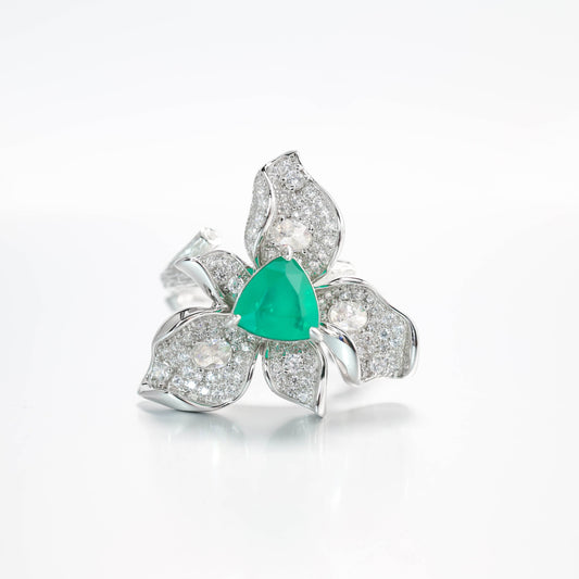 Micro-setting Emerald color Lab created stones Triangle shape Three petals ring, sterling silver