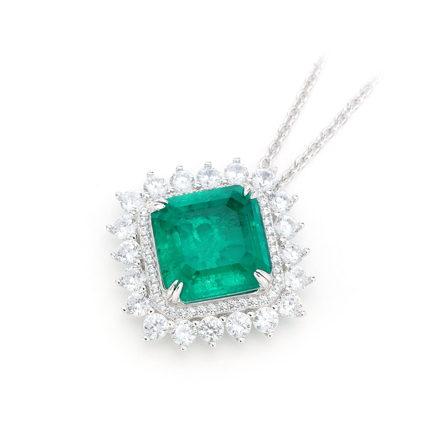 Micro-setting Emerald color Lab created stones The rhombus necklace, sterling silver