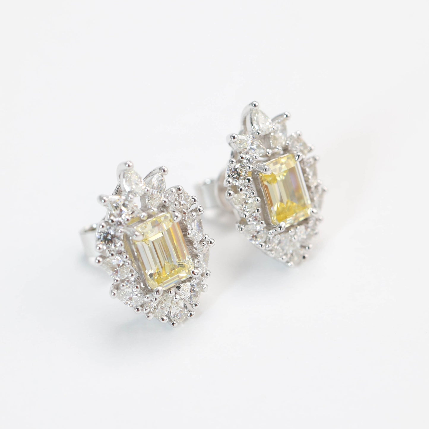 Micro-setting Yellow emerald-cut rectangular shape earrings, sterling silver