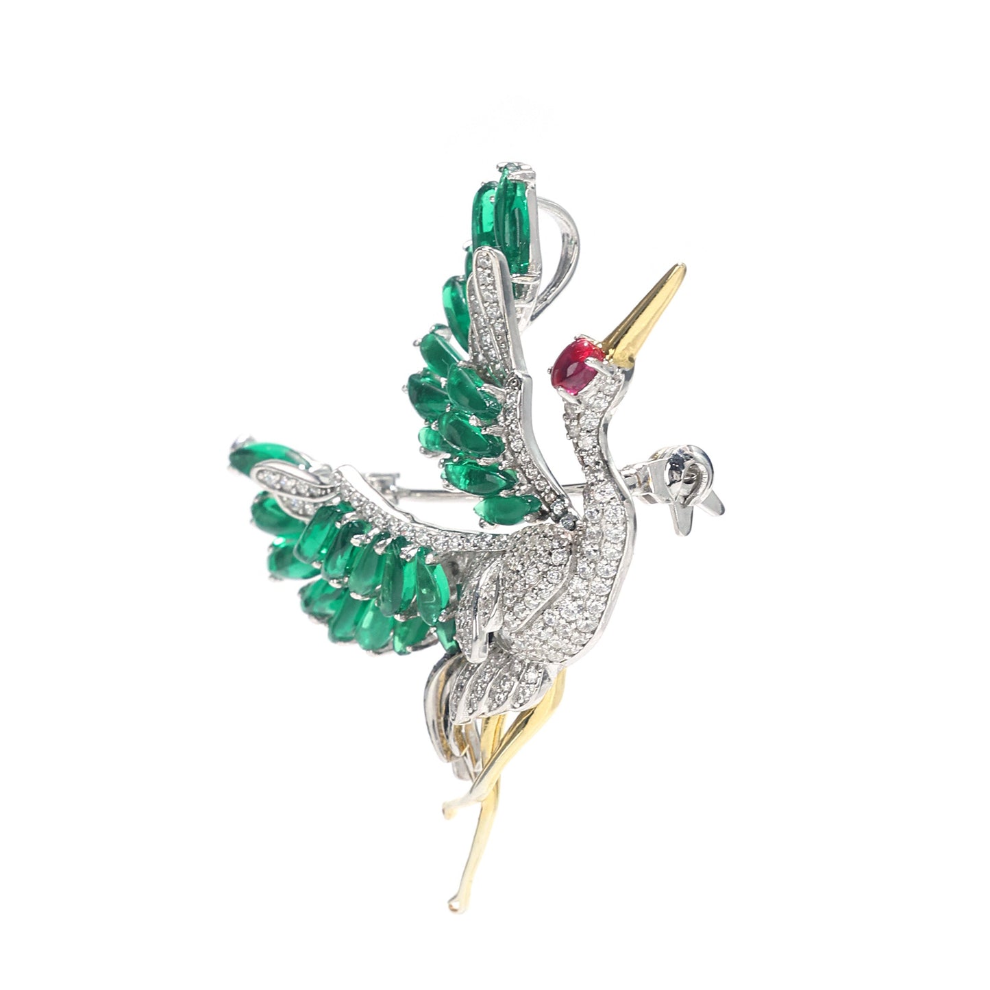 Reservation design Micro-setting Special cut Lab created stones the Red crown crane brooch , sterling silver