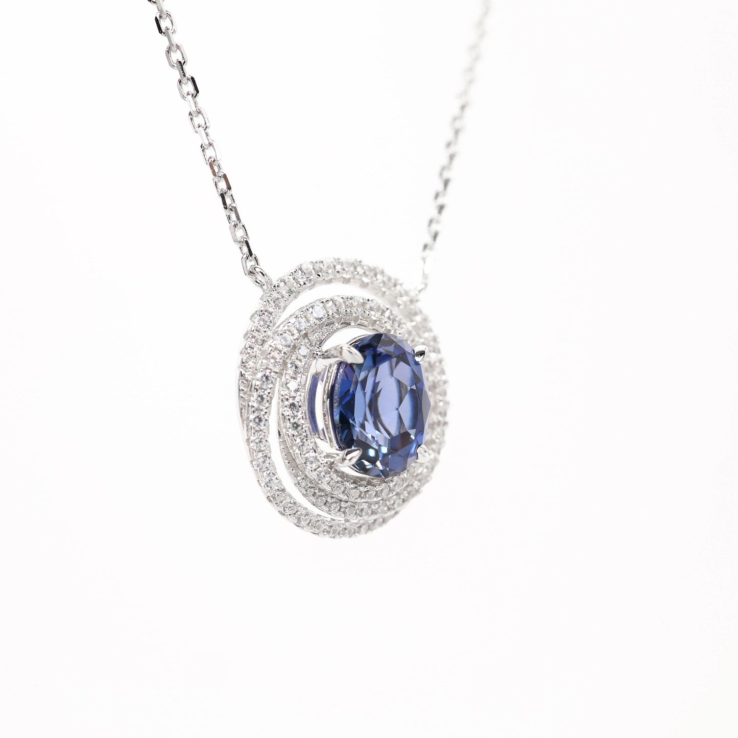 Micro-setting Sapphire color oval shape Lab created stones Ocean of stars necklace, sterling silver,