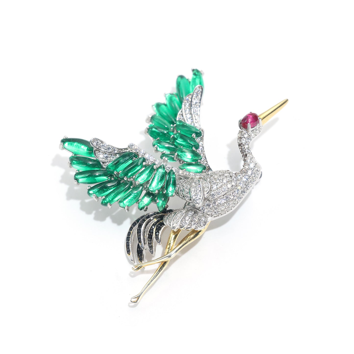 Reservation design Micro-setting Special cut Lab created stones the Red crown crane brooch , sterling silver