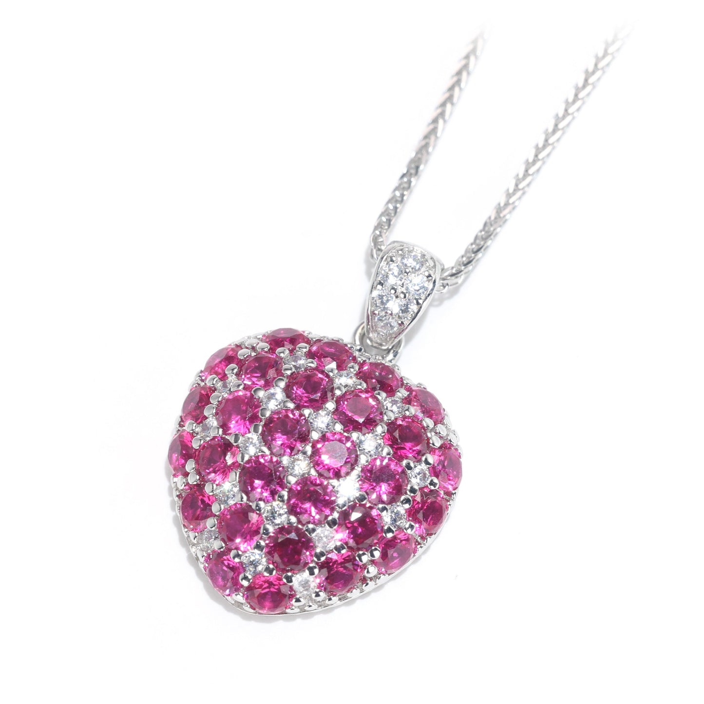 Valentine's Promotional design Micro-setting Ruby color Lab created stones heart necklace, sterling silver.