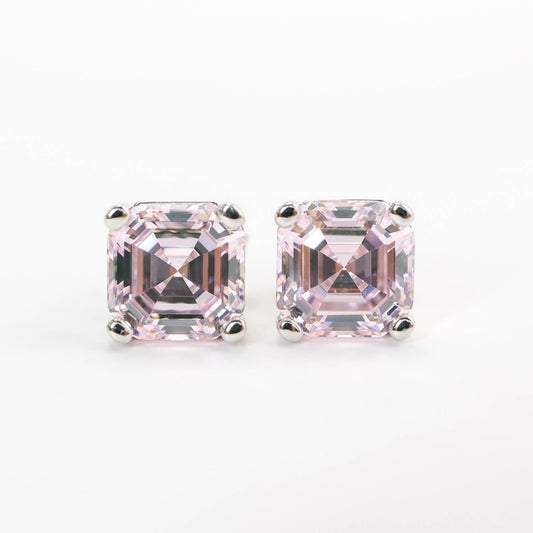 Micro-setting Light pink Asscher-cut earrings, sterling silver