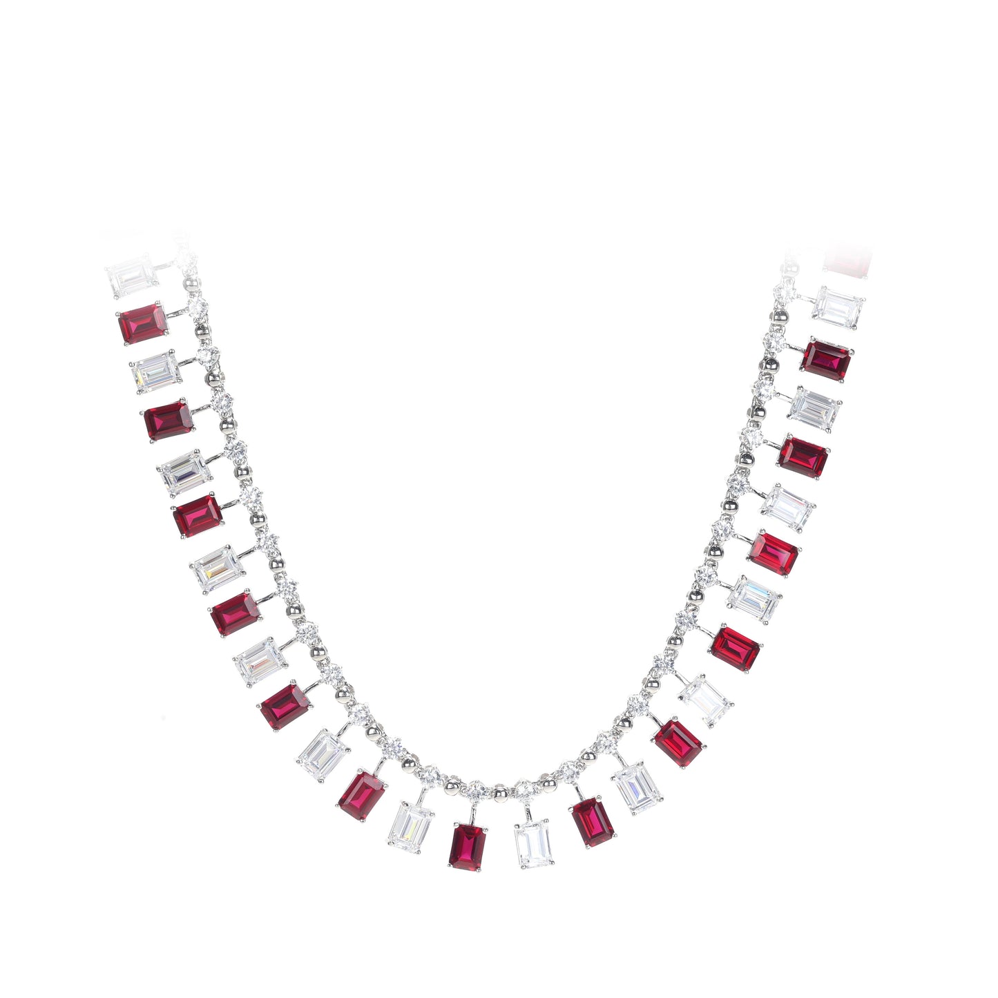 Micro-setting Ruby color Lab created stones Emerald cut modern necklace , sterling silver