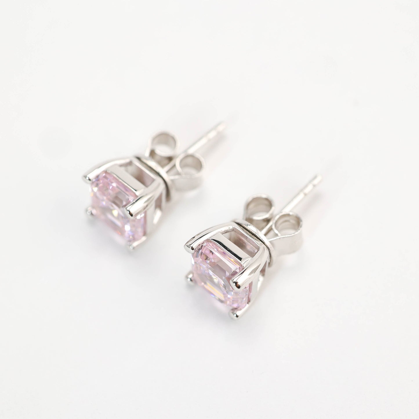 Micro-setting Light pink Asscher-cut earrings, sterling silver