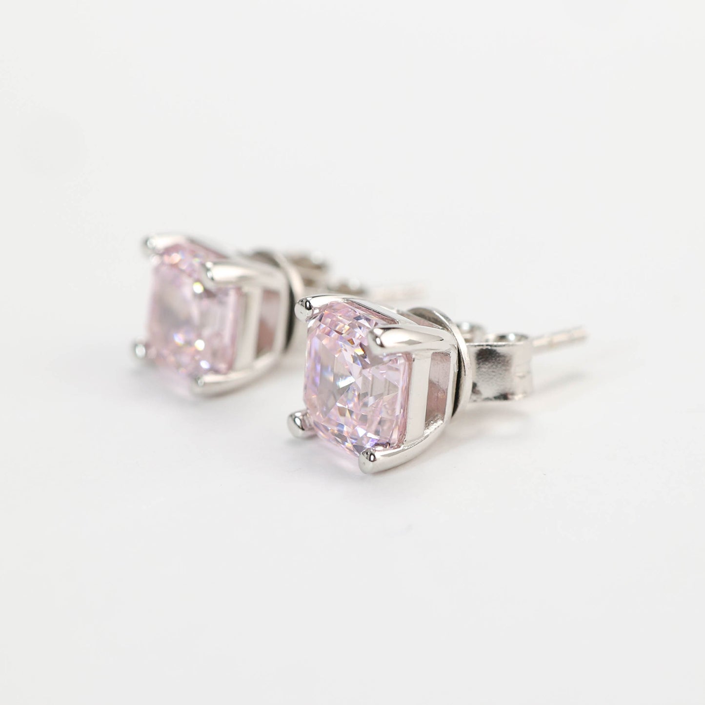 Micro-setting Light pink Asscher-cut earrings, sterling silver