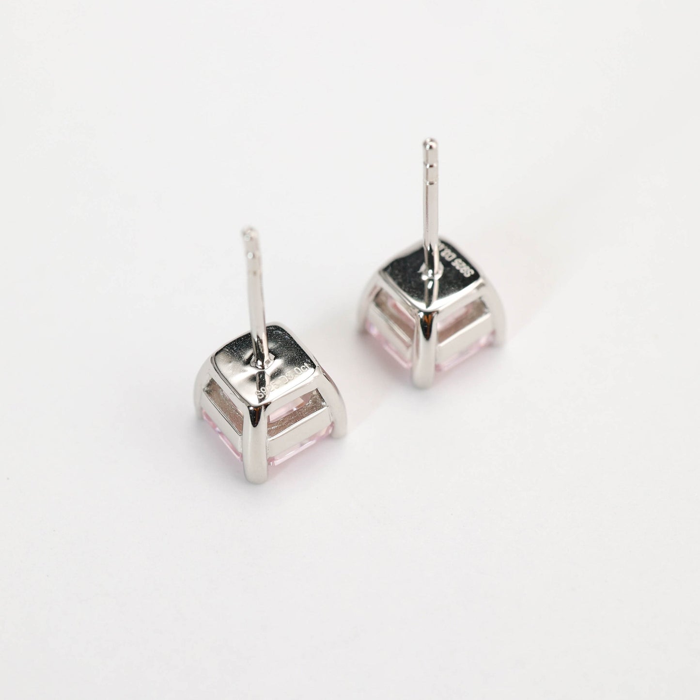 Micro-setting Light pink Asscher-cut earrings, sterling silver