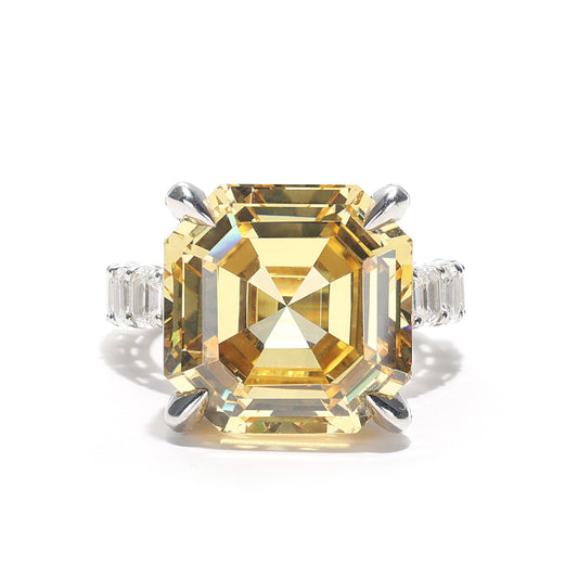 Customized piece. Micro-setting Yellow diamond color Lab created stones Asscher cut ring, sterling silver