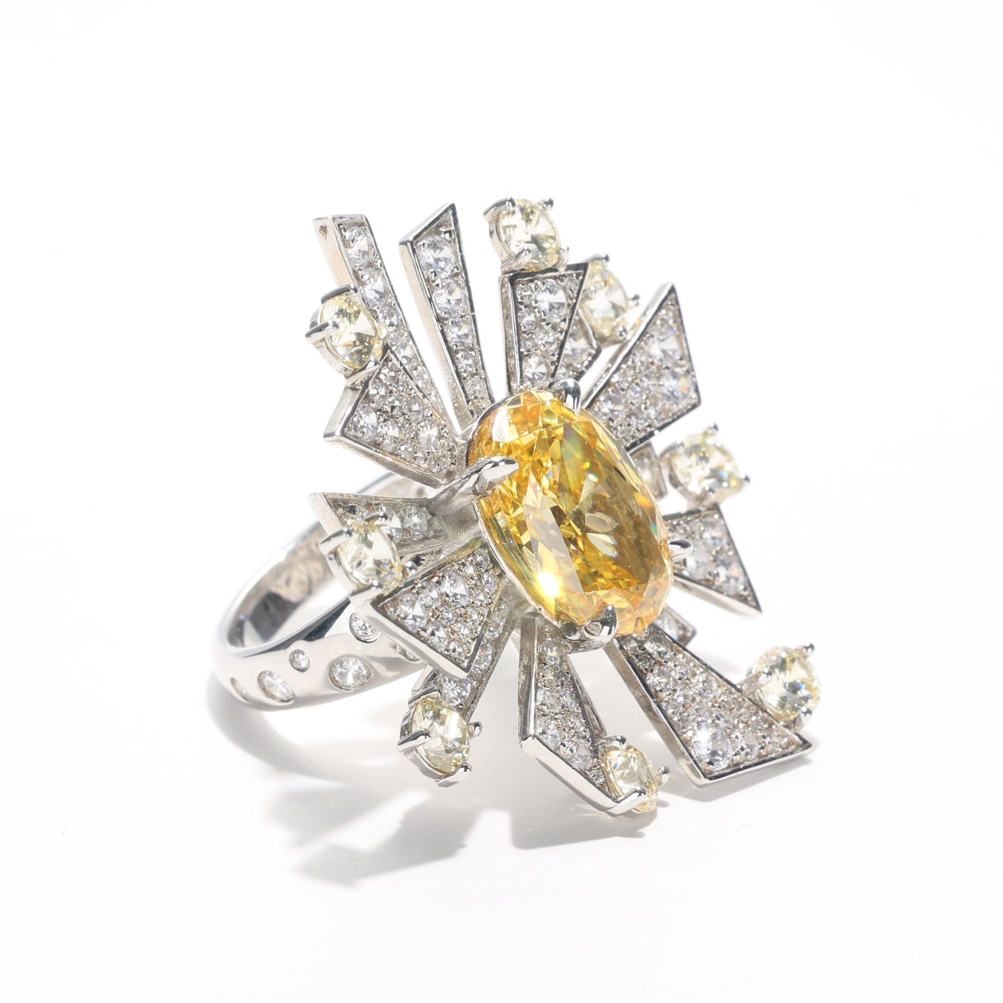 Customized piece. Micro-setting Yellow diamond color Lab created stones Moon and stars detailed ring, sterling silver