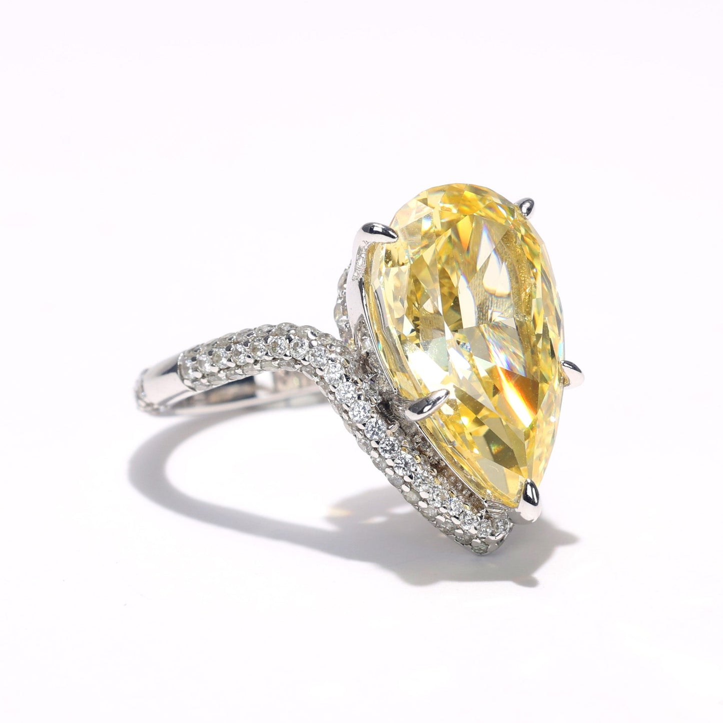 Customized piece. Micro-setting Yellow diamond color Lab created stones Teardrop ring, sterling