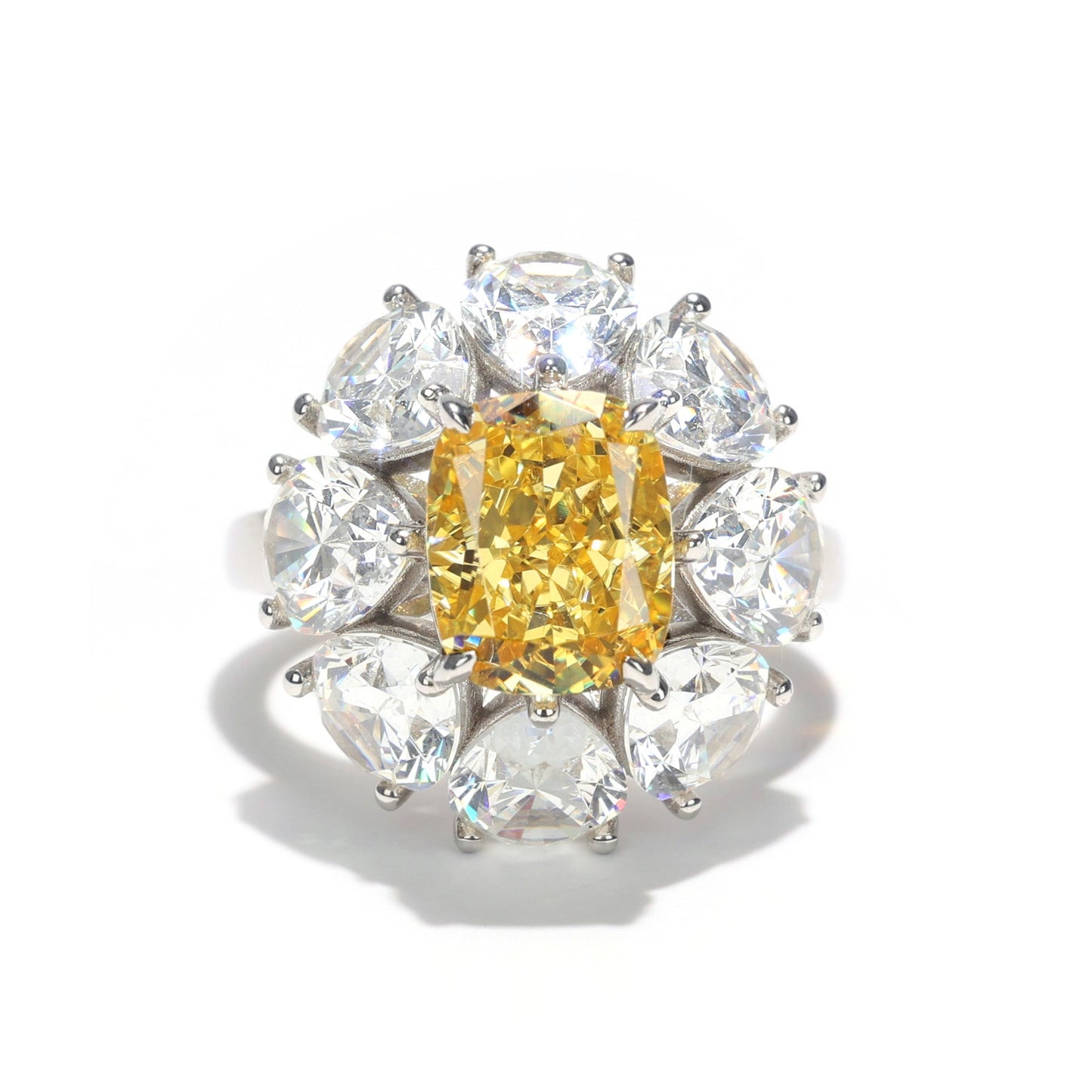 Customized piece. Micro-setting Yellow diamond color Lab created stones Daisy ring, sterling silver