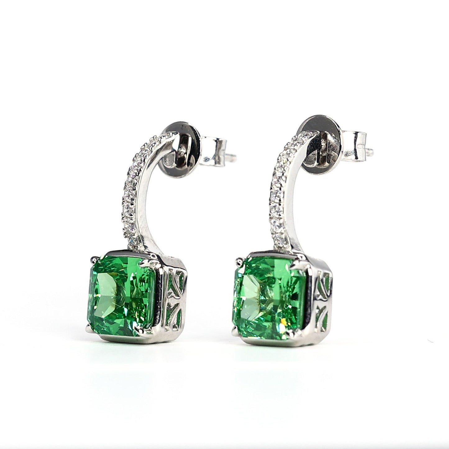 Micro-setting Apple green color lab created stones rebirth earrings, sterling silver.