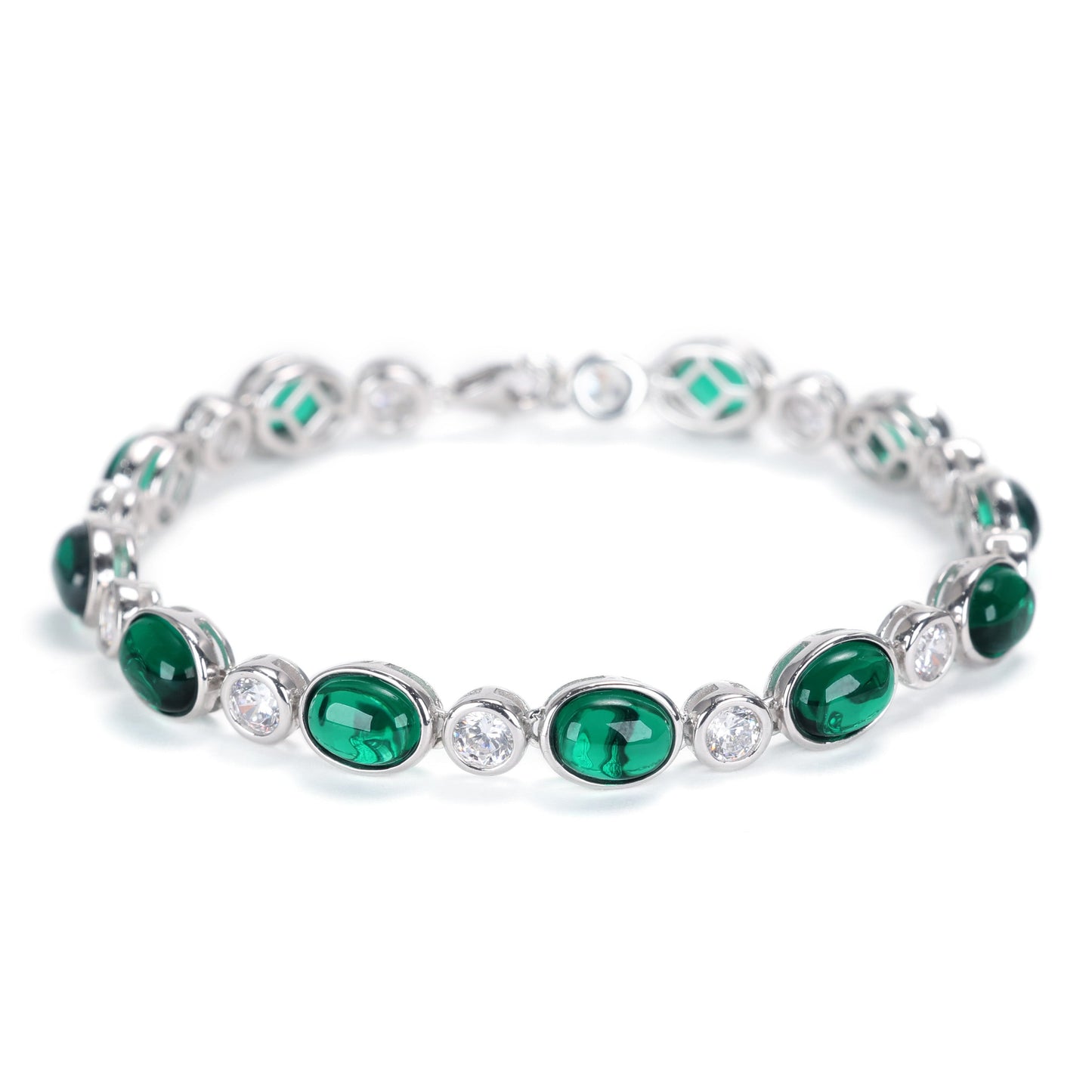 Customized only 1 emerald color Cabochon cut Lab created stones tennis chain bracelet , sterling silver