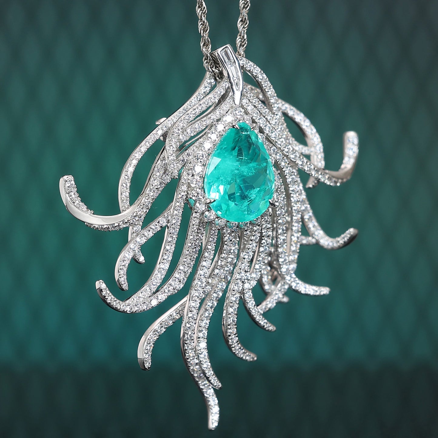 Micro-setting Paraiba color lab created stones Aurora feather multi-purpose pendant and brooch, sterling silver.