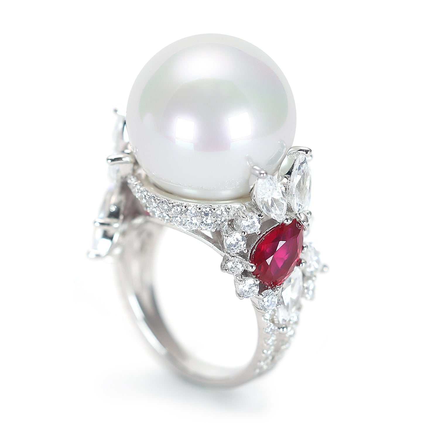 Micro-setting ruby color Lab created stones White shell pearl ring, sterling silver