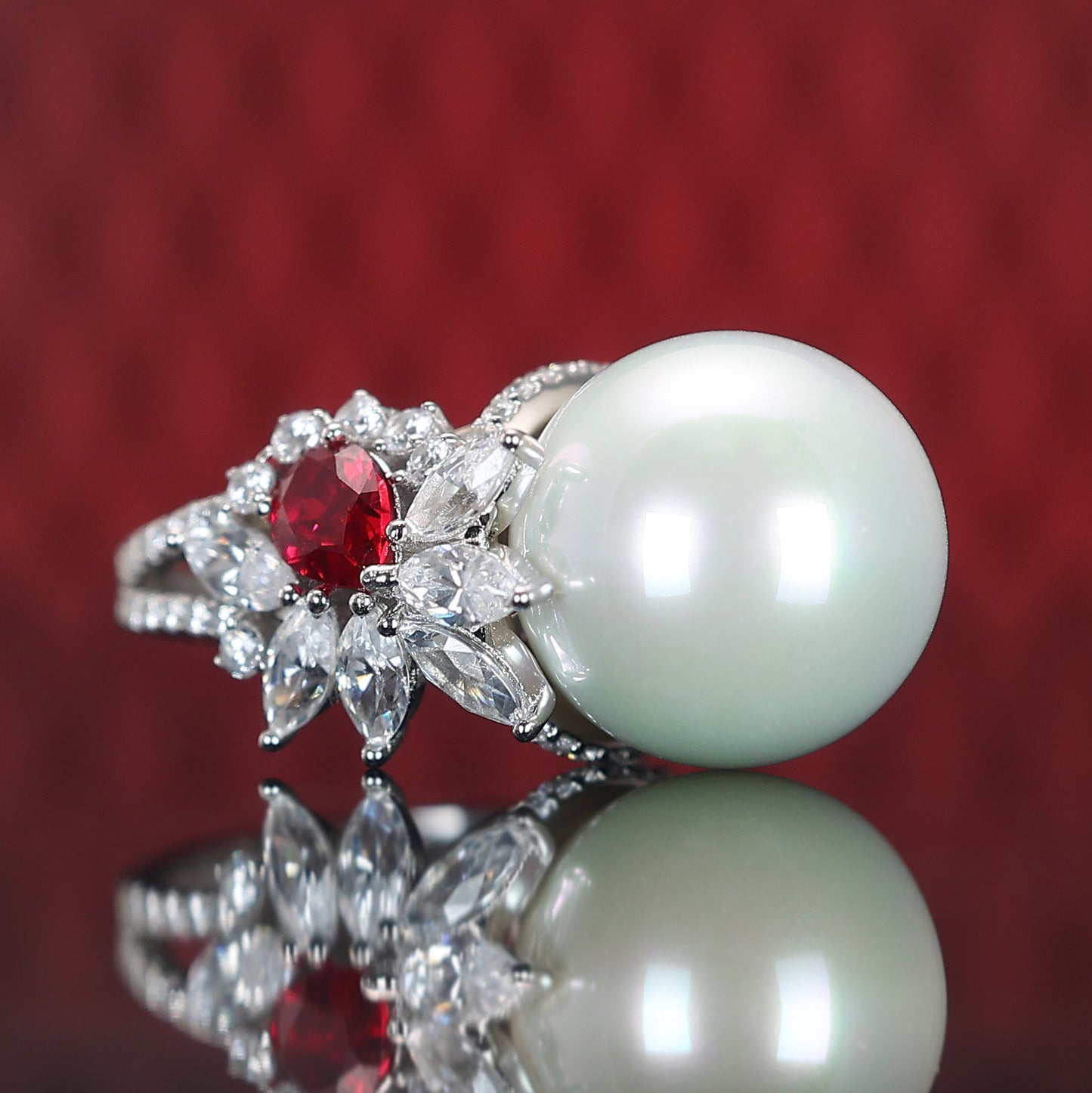 Micro-setting ruby color Lab created stones White shell pearl ring, sterling silver