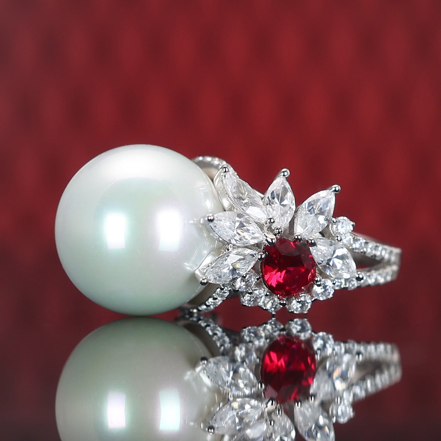 Micro-setting ruby color Lab created stones White shell pearl ring, sterling silver