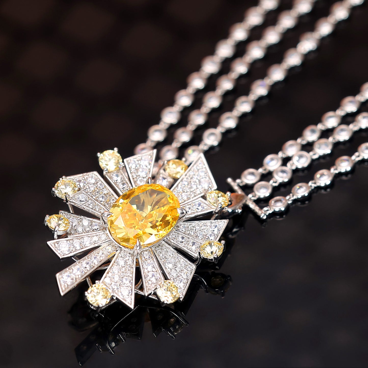 Limited edition Micro-setting Yellow diamond color lab created stones Moon and stars detailed necklace, sterling silver